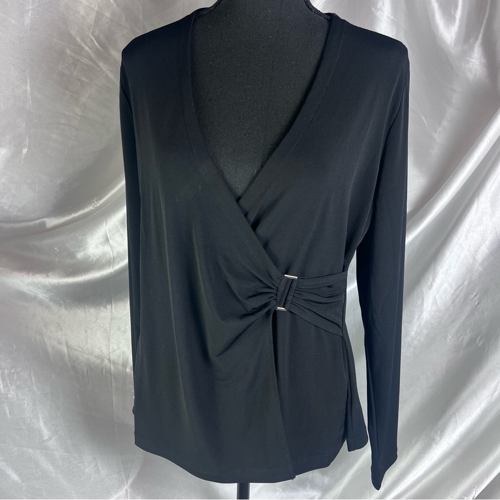 Tahari Black Long Sleeve Faux Wrap Blouse XL